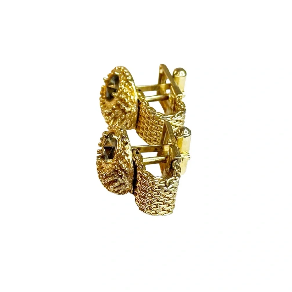 Vintage Retro Men's Gold Tone Green Rivoli Stone Chain Mesh Cuff Links